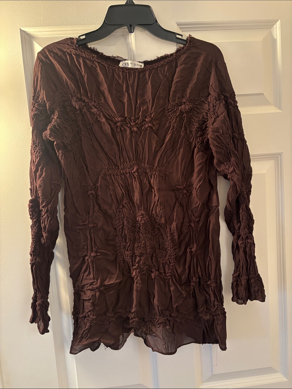 Zara Chocolate Brown Long Stretchy Sheer Sleeve Textured Blouse